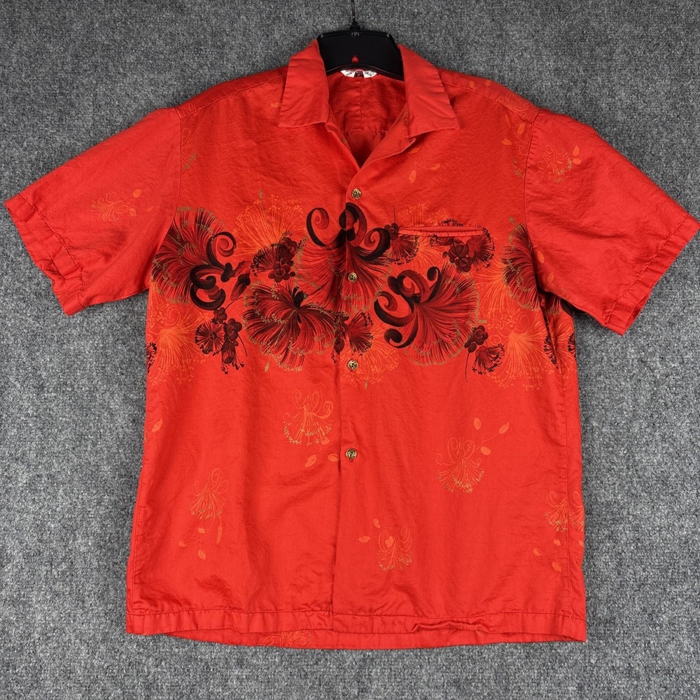 Vintage 1960s Hawaiian Togs Border Print Aloha Shirt Red Tiki Rayon Cotton Med